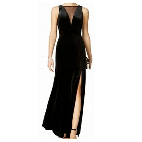 5/$100 SALE - Nightway Plunging Illusion Velvet Gown - Picture 1 of 8